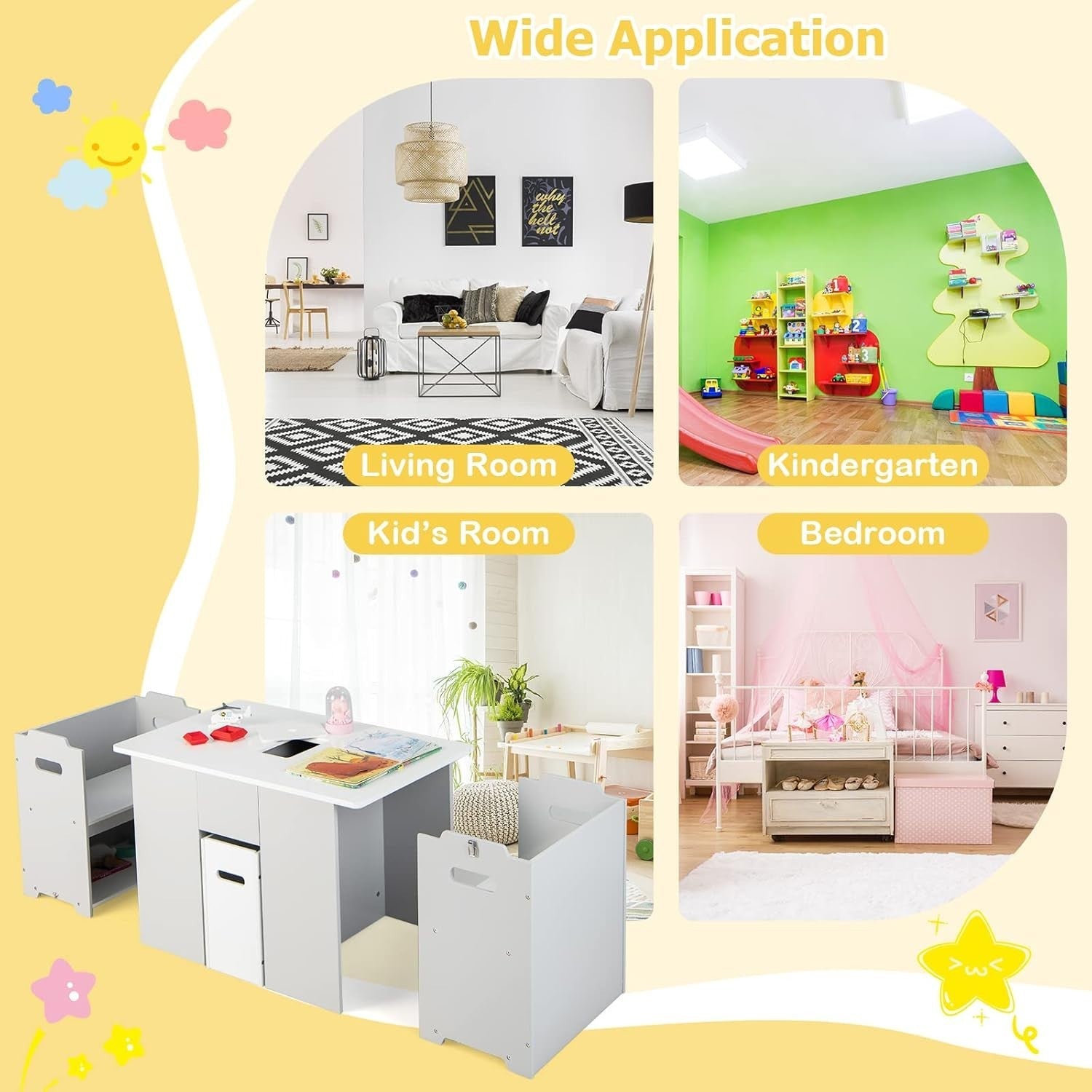Kids Wooden Table & Chair Set with Storage Bin & Space-Saving Design, Safe & Dur