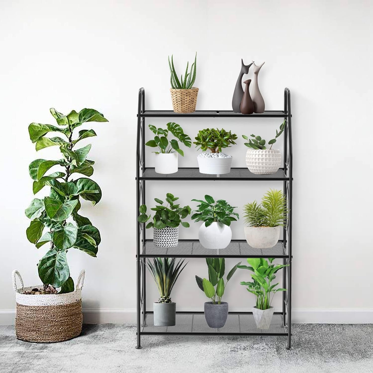 4 Tier Black Metal Plant Stand | Tall Indoor Outdoor Garden Shelf Display Rack