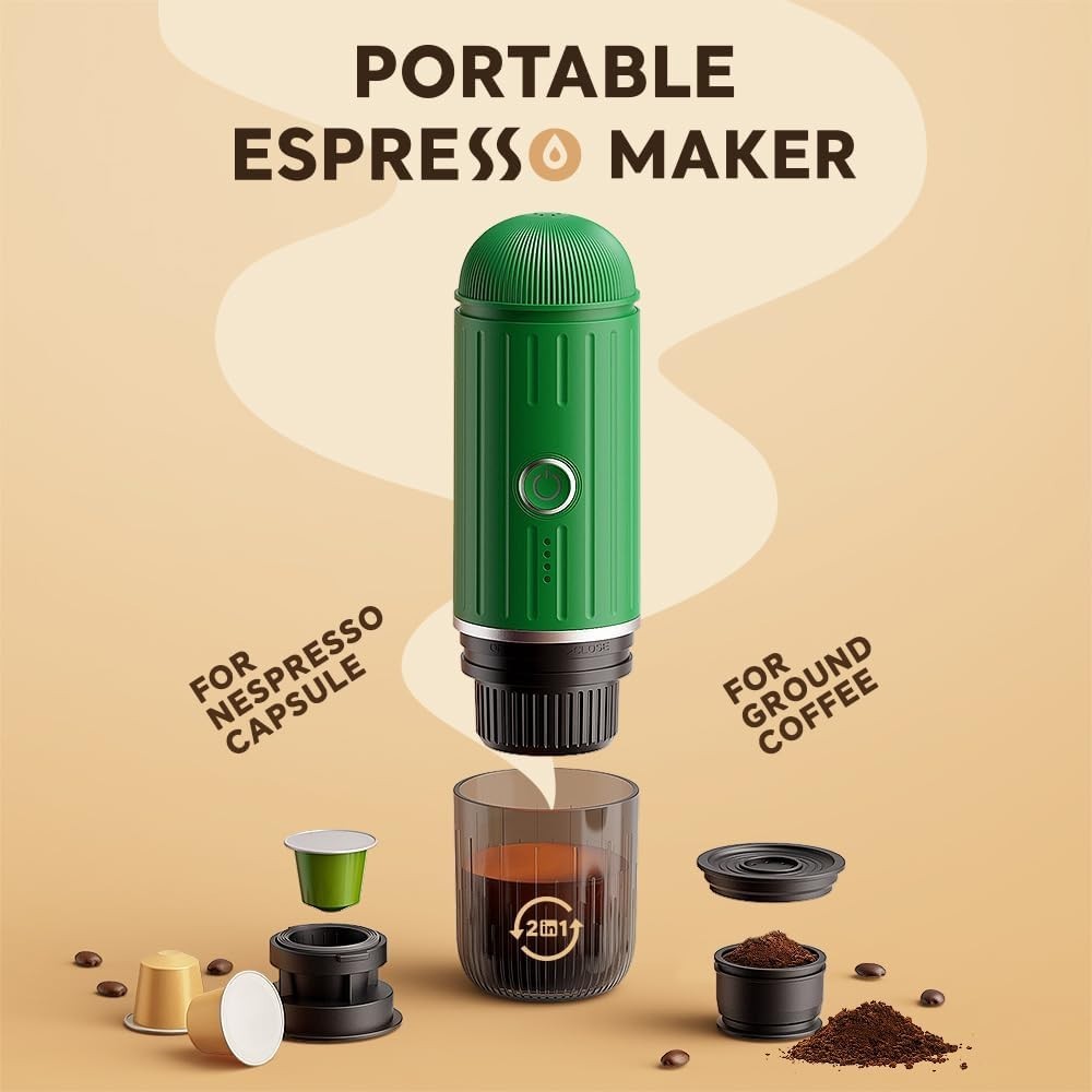 Portable Espresso Maker 19Bar Self-Heating USB-C Travel Coffee Machine Green Pod