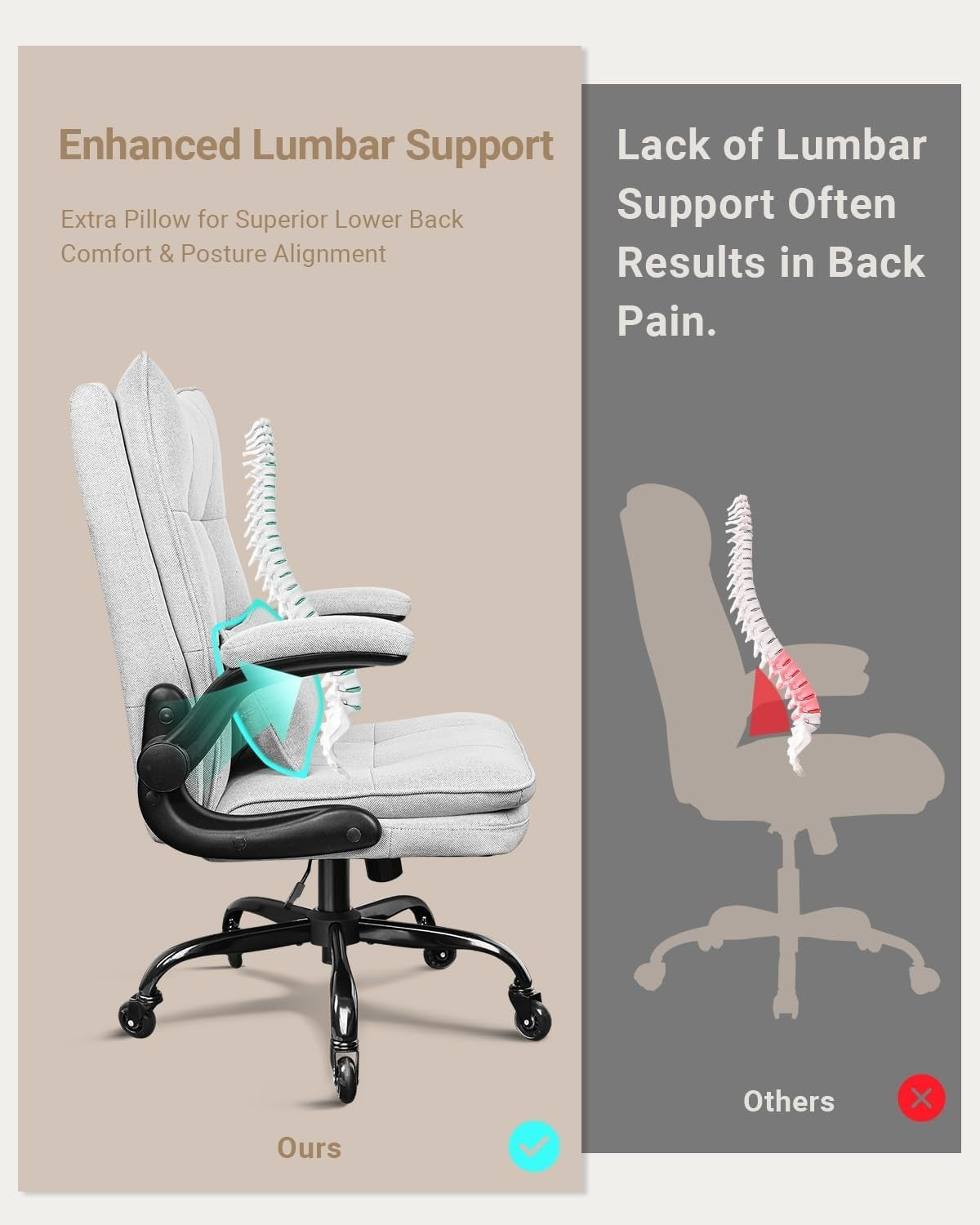 Ergonomic Office Chair Adjustable Lumbar Support Flip-Up Armrests Swivel Desk Se