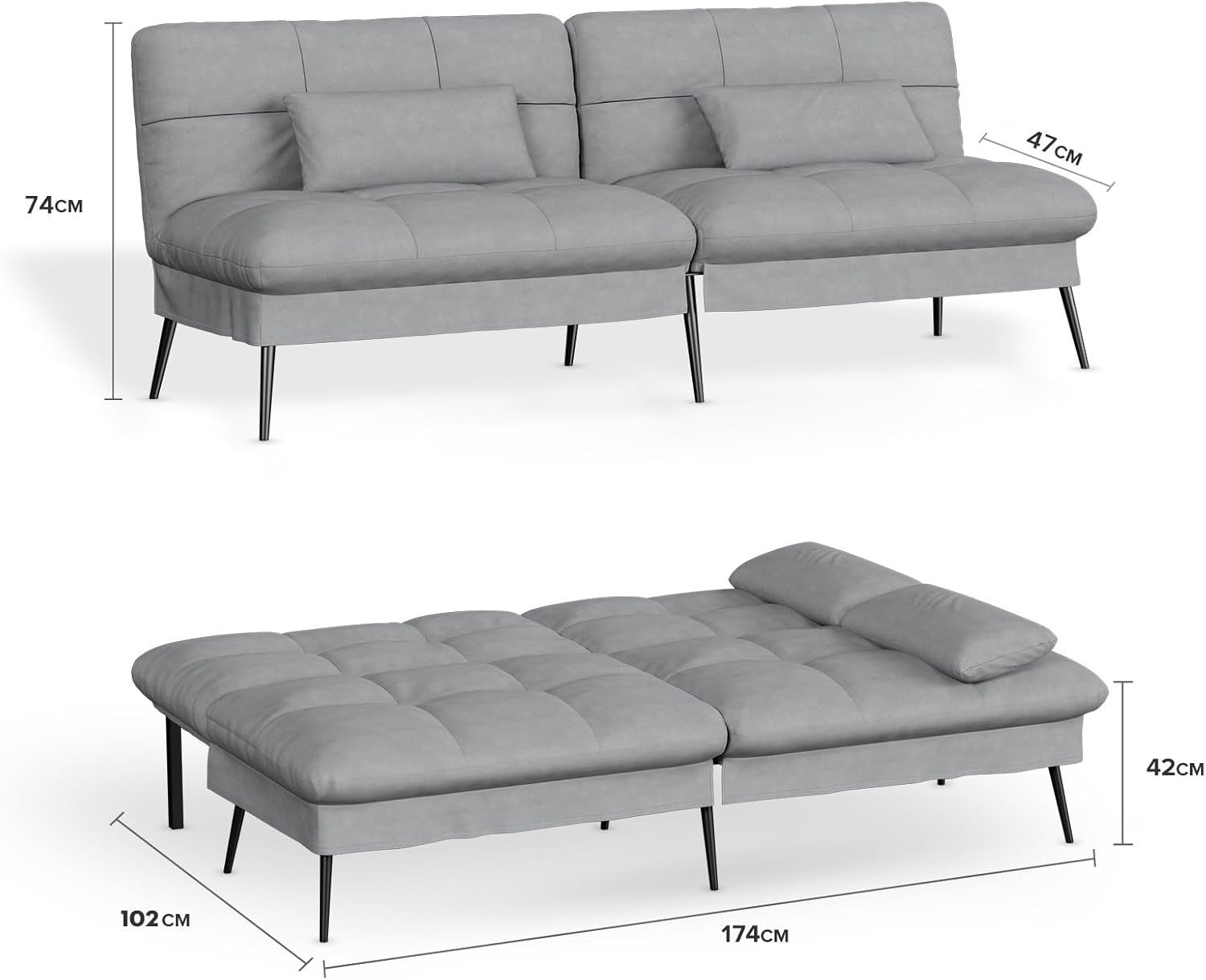 3 Seater Grey Sofa Bed Fabric Futon Couch Adjustable Back Guest Room