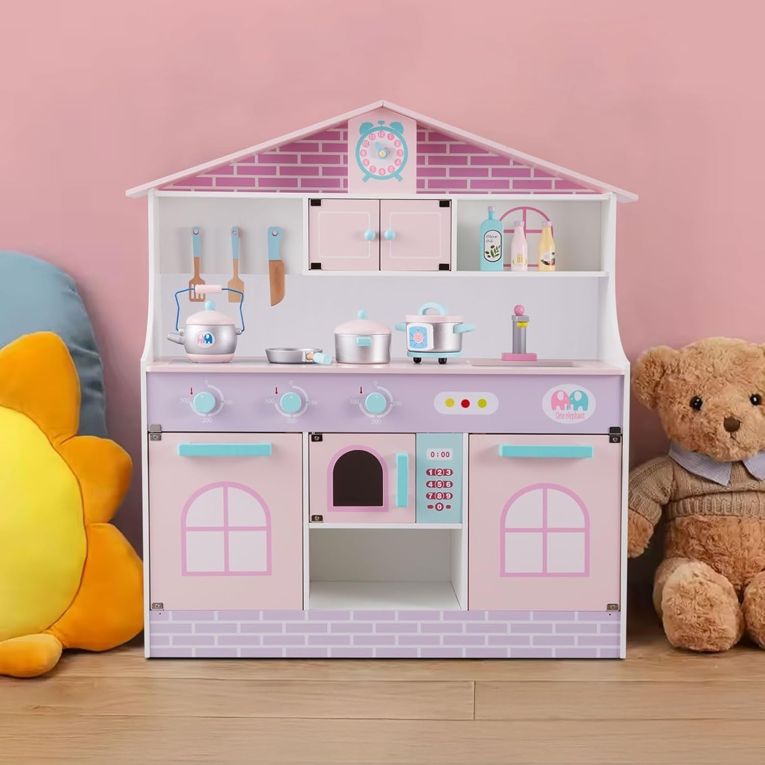 Large Wooden Kids Play Kitchen Pink Purple w/ Microwave Accessories