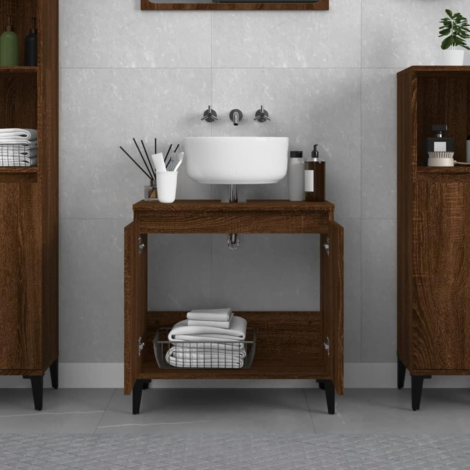 Brown Oak Bathroom Sink Cabinet | Under Sink Storage Unit 58x33x60cm