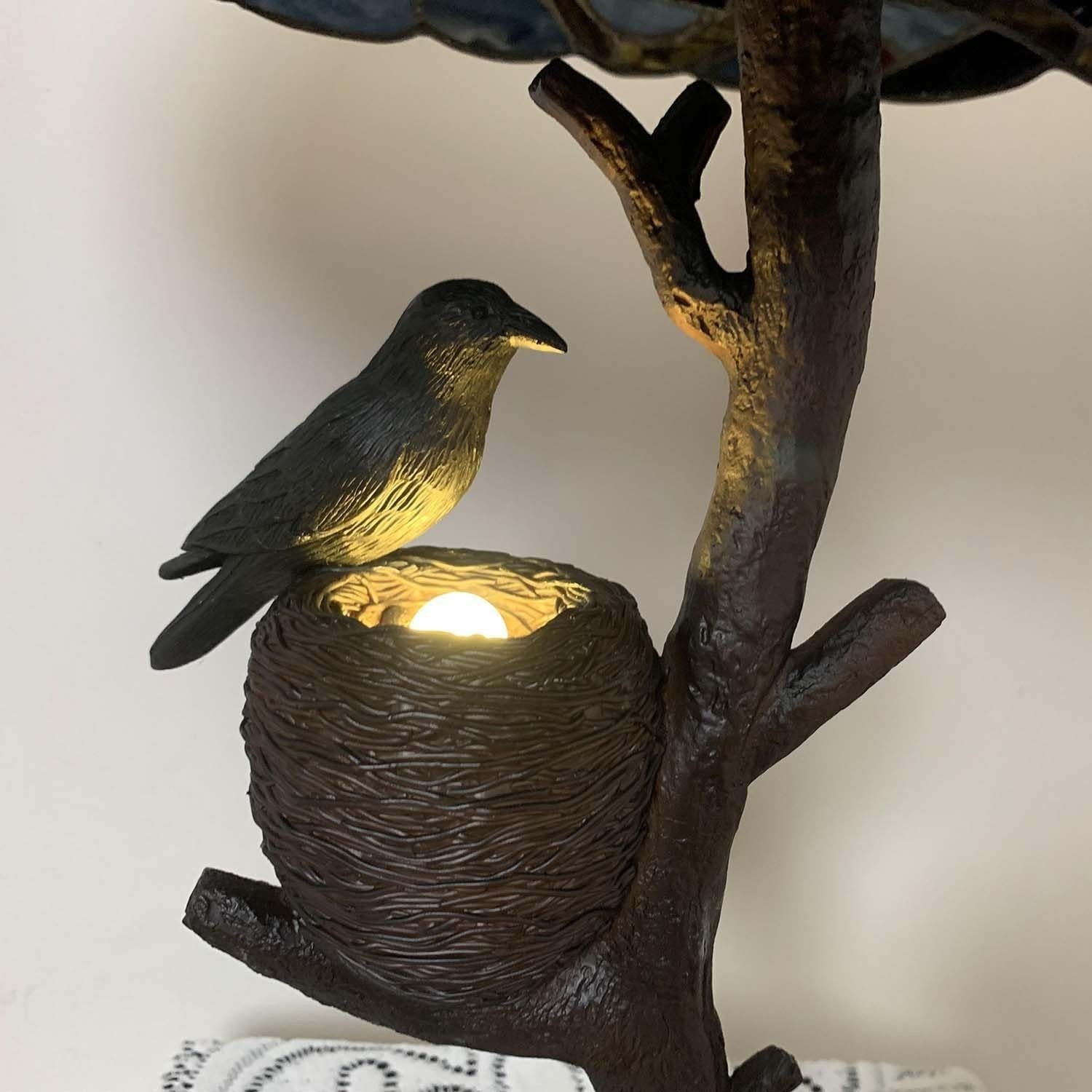Tiffany Stained Glass Raven Table Lamp Full Moon Night Light Decor