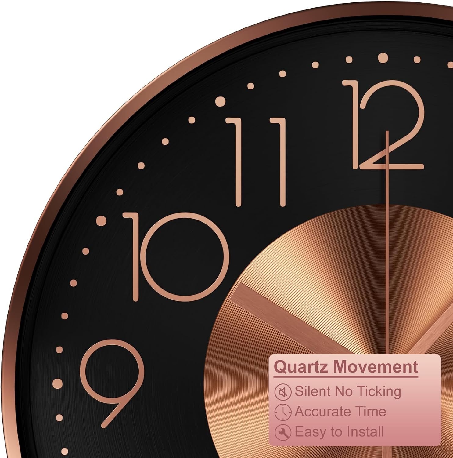 12" Rose Gold Modern Wall Clock Silent Aluminium Round Decor for Kitchen Bedroom