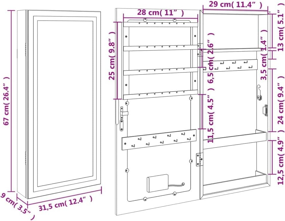 Compact LED Jewelry Mirror Cabinet Lockable Wall Hanging Storage Black