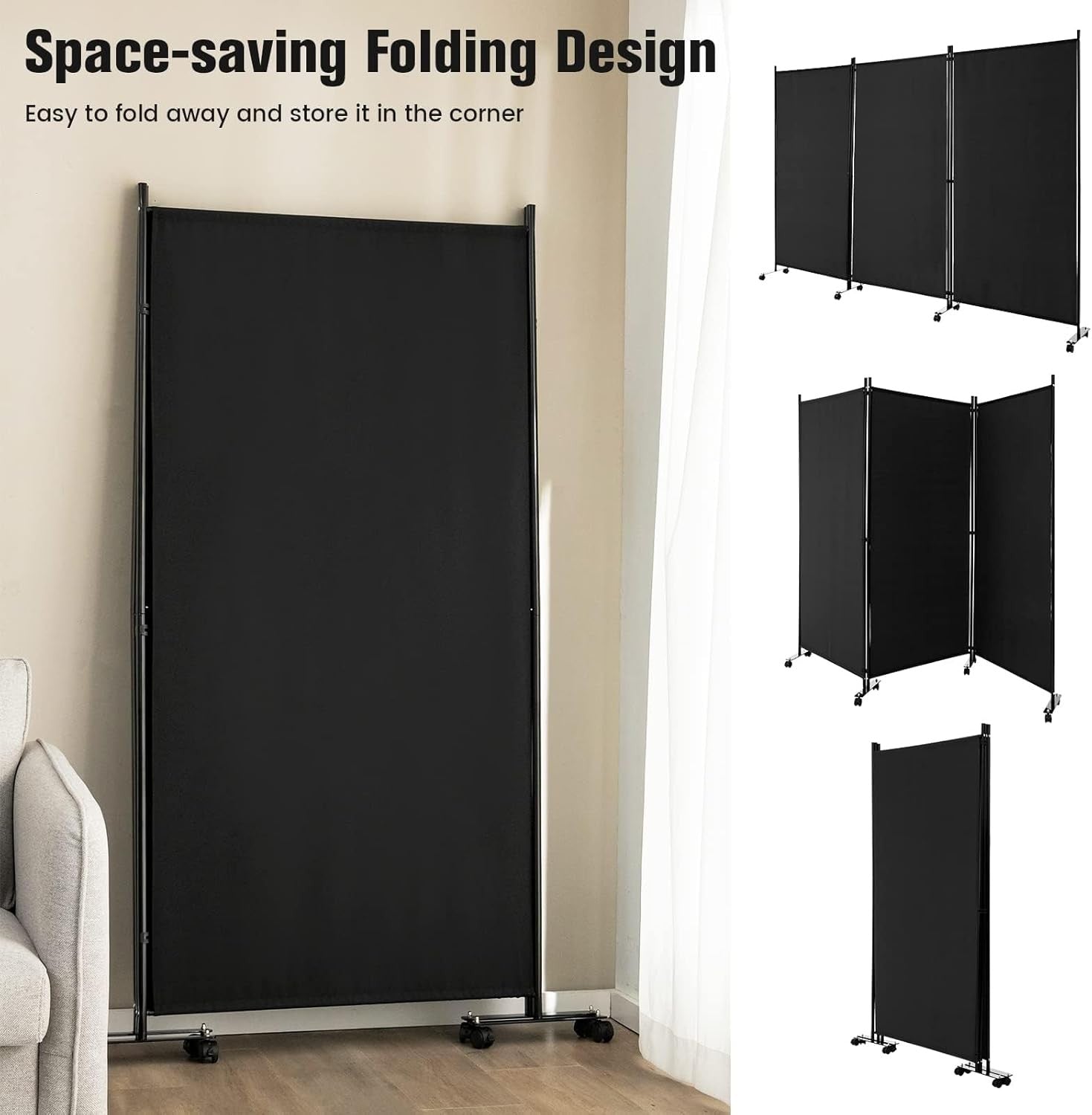 3 Panel Black Folding Room Divider Privacy Screen on Wheels for Home Office Use