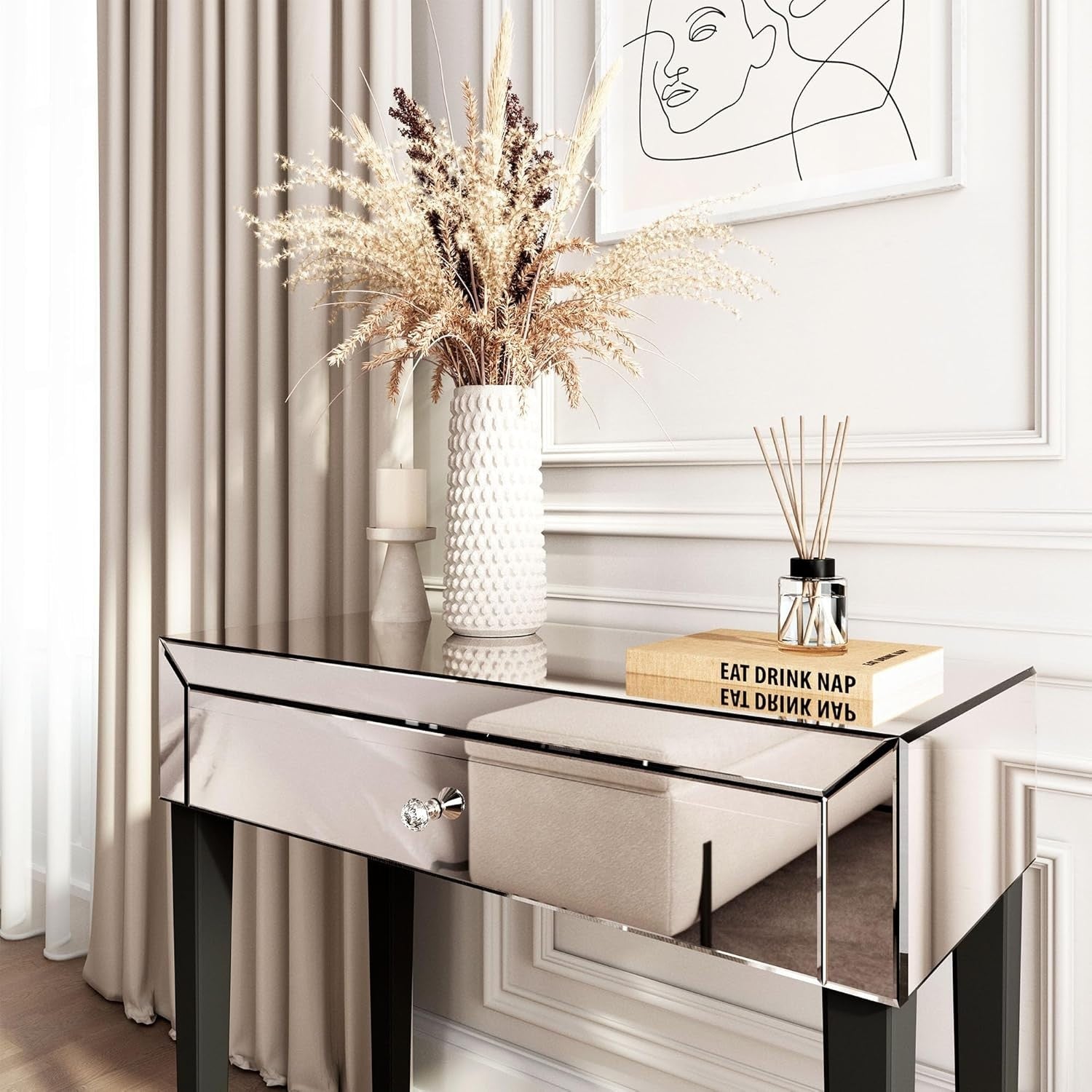 Mirrored Dressing Table Silver Glass Modern 1 Drawer Makeup Console Vanity Desk