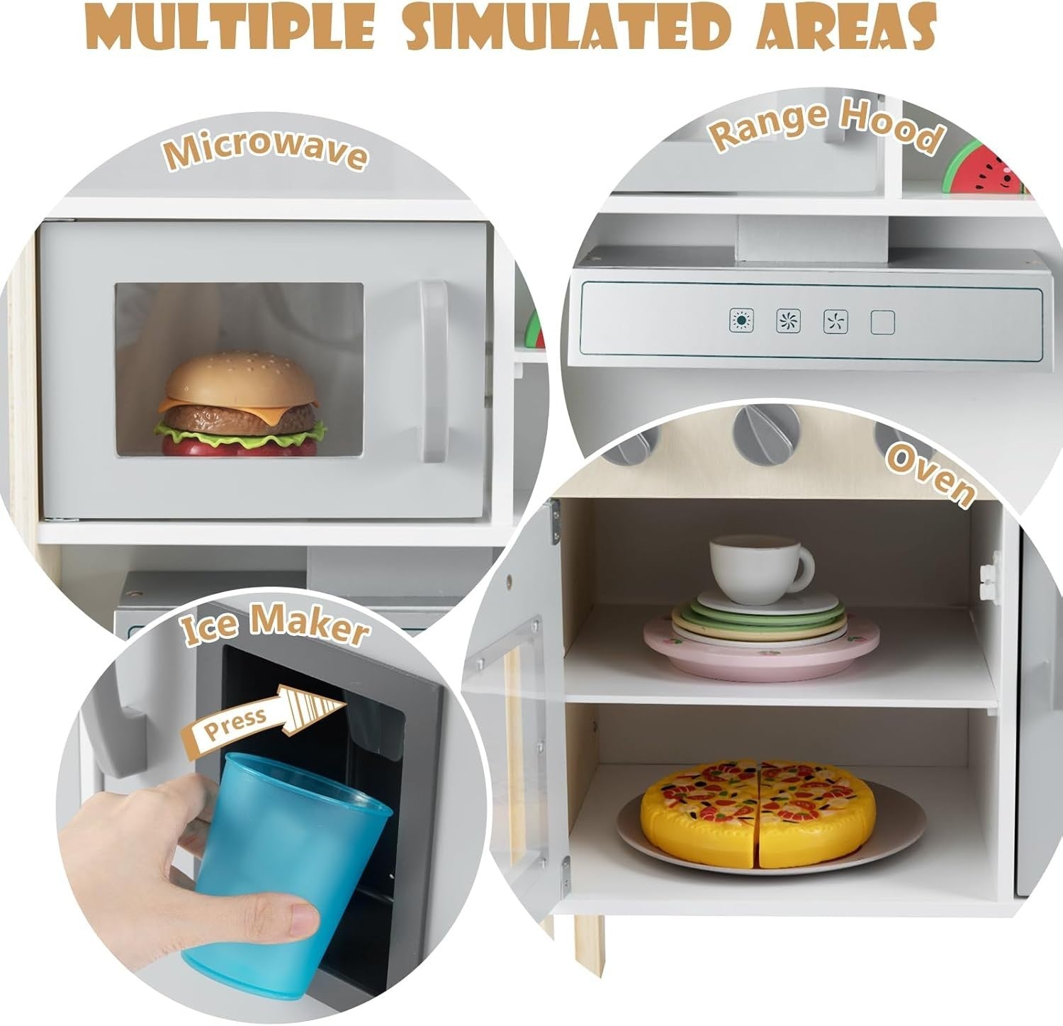 Wooden Kids Play Kitchen Grey Ice Maker Cooking Toy Accessories