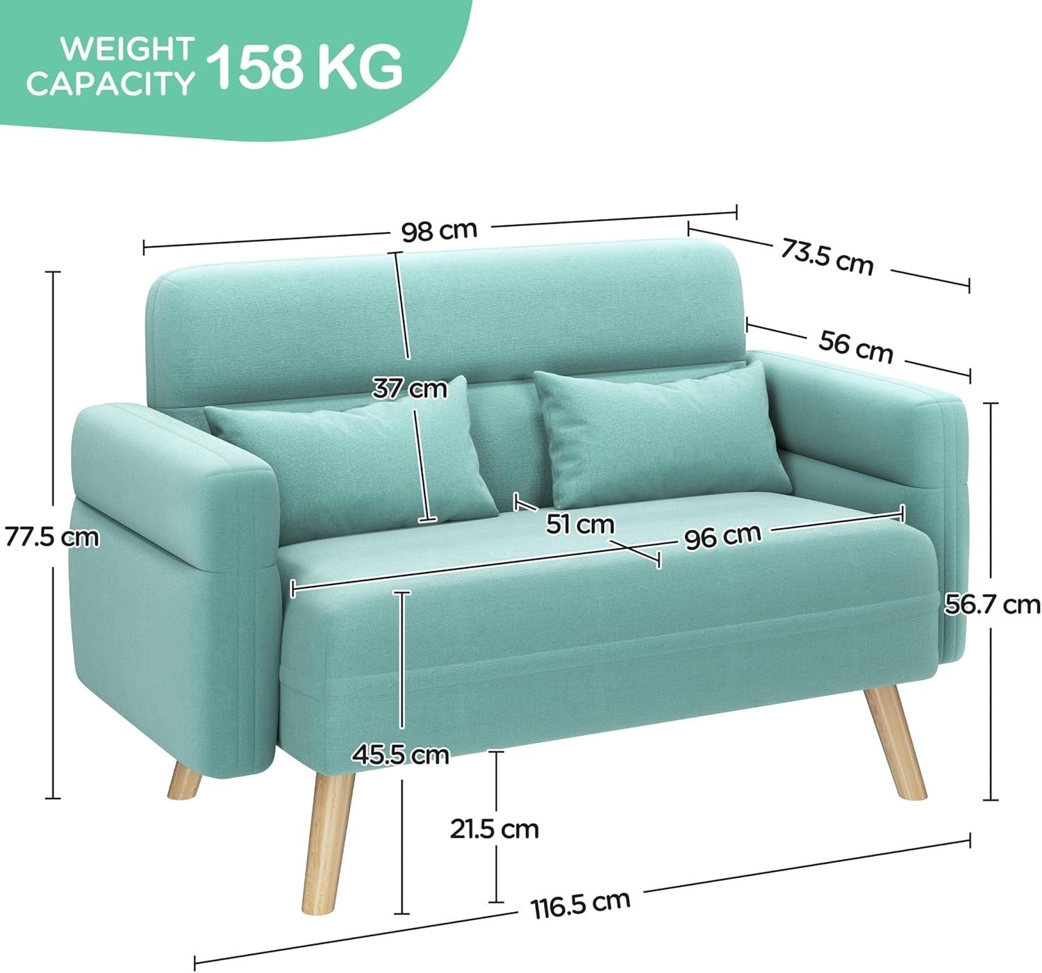 Aquamarine 2 Seater Sofa Small Couch Compact Mid Century Settee for Flats