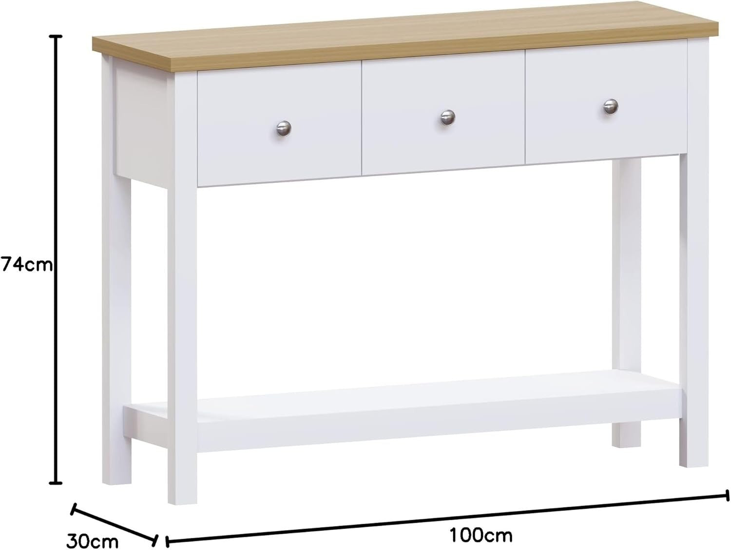 Modern White Console Table with 3 Drawers & Oak Top - Hallway Storage Shelf