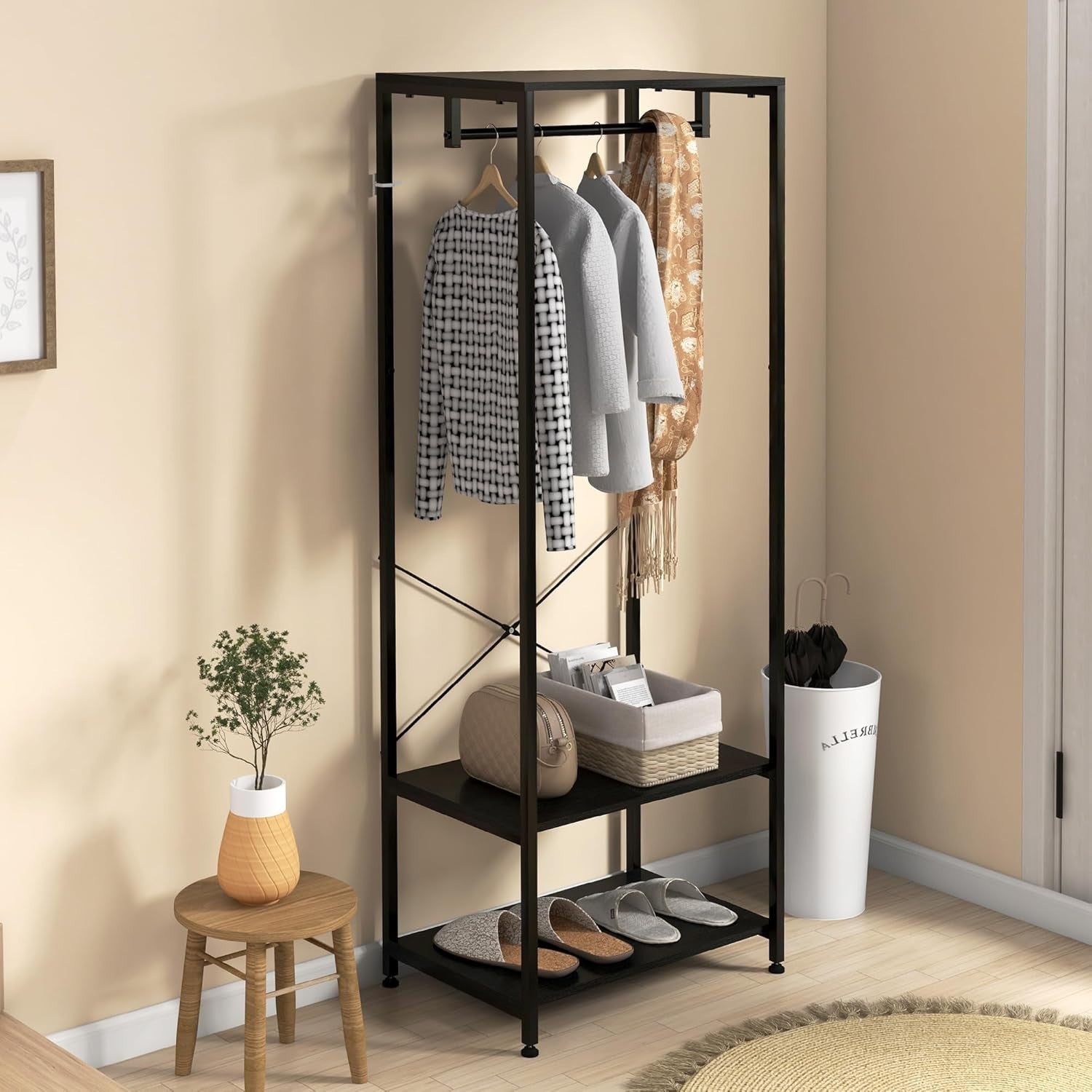 2-in-1 Coat Rack Hall Tree with Shoe Storage, Black Steel Frame, 2 Shelves