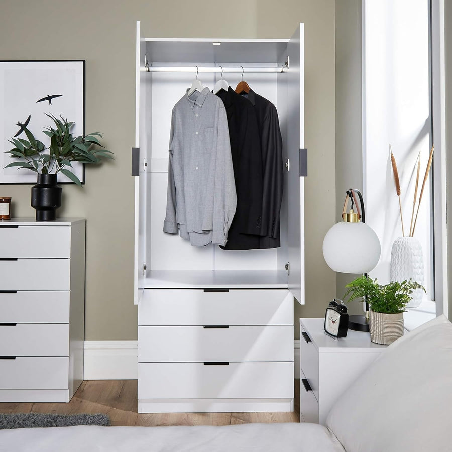 White 2 Door Wardrobe with 3 Drawers & Rail – Bedroom Storage Cabinet