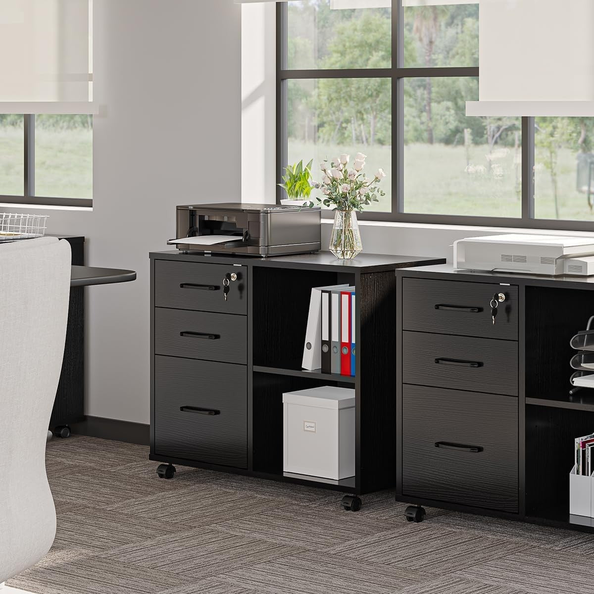 Black Mobile File Cabinet 3 Drawer Lockable Printer Stand w/ Open Shelves