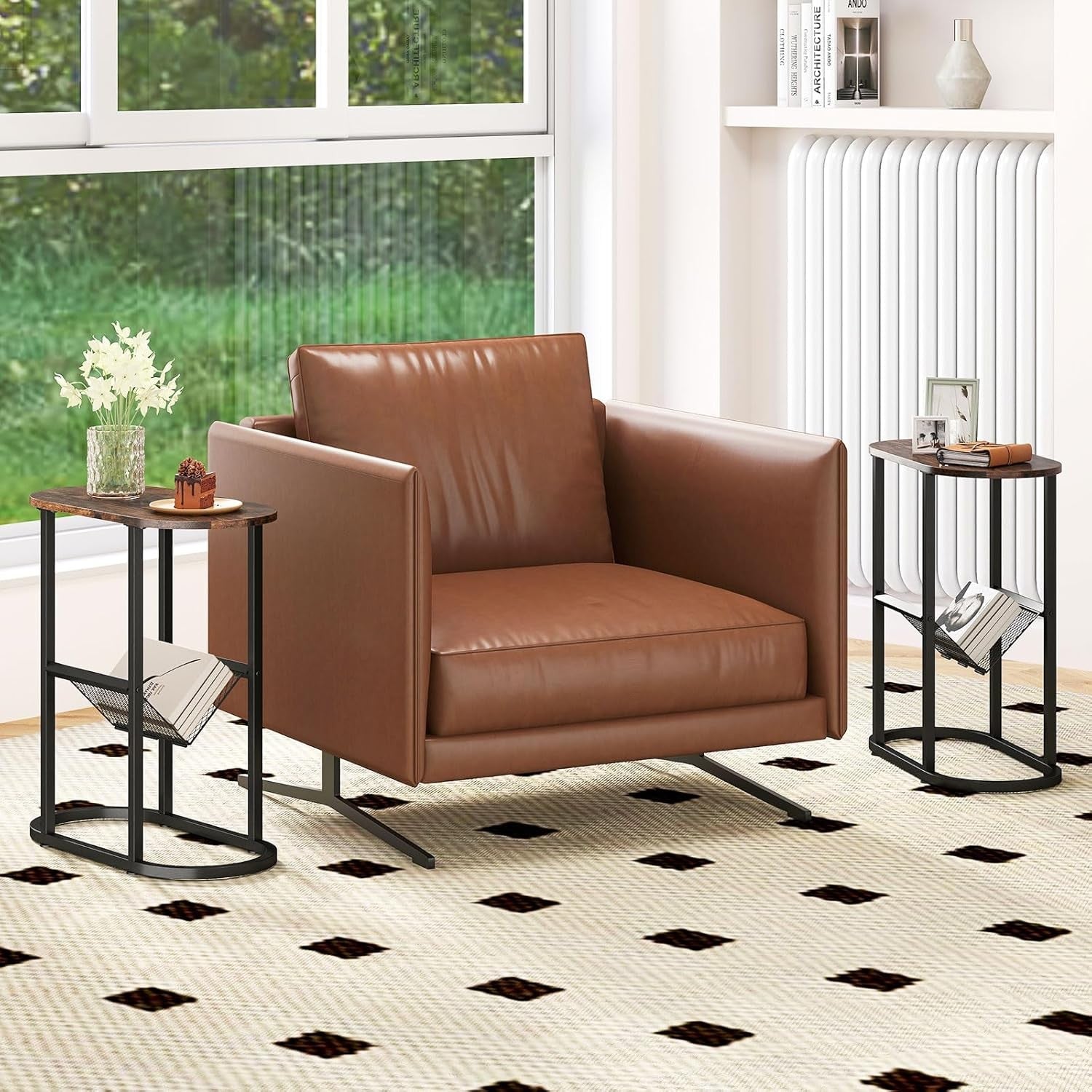 Slim Oval Side Table Set 2-Tier Metal Frame with Magazine Holder Small Space