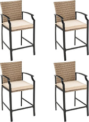 Rattan Bar Chairs Set of 4 High Back Patio Stools Cushioned Garden Seating