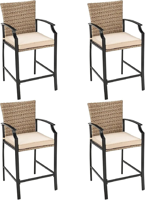 Rattan Bar Chairs Set of 4 High Back Patio Stools Cushioned Garden Seating