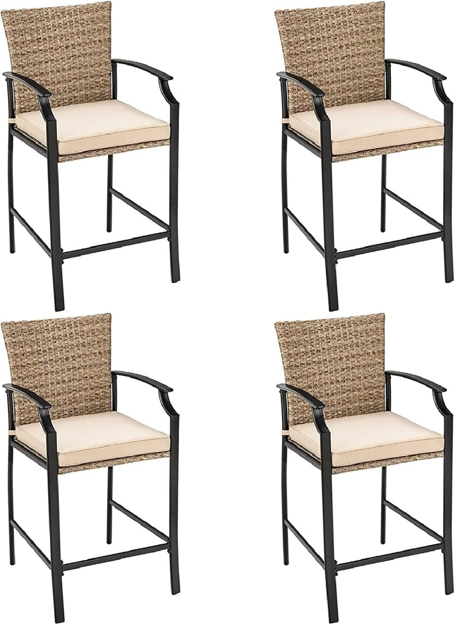 Rattan Bar Chairs Set of 4 High Back Patio Stools Cushioned Garden Seating