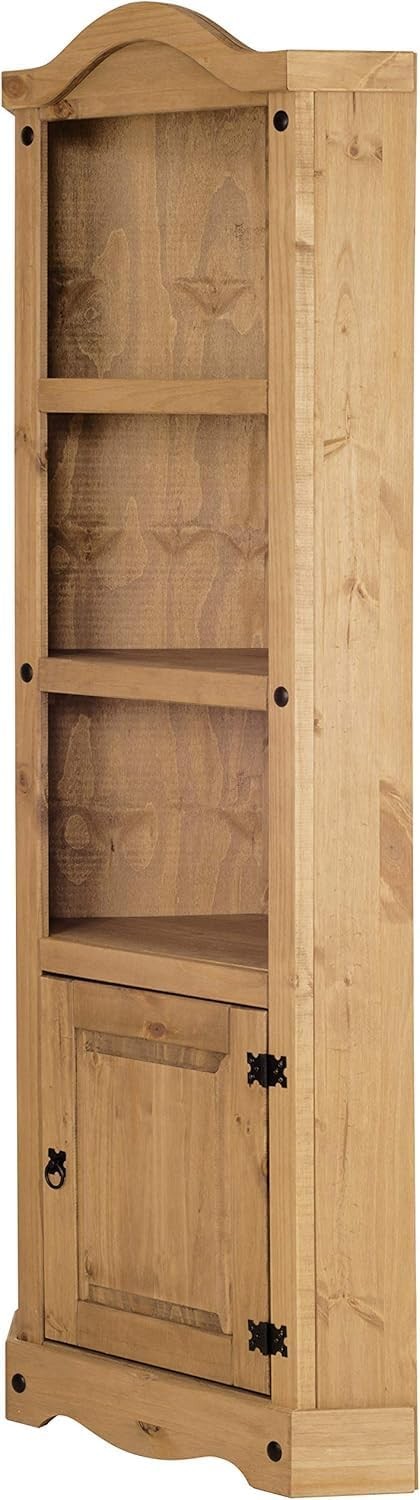 Solid Pine Corner Display Cabinet Rustic Tall Bookcase Unit with Door & Shelves