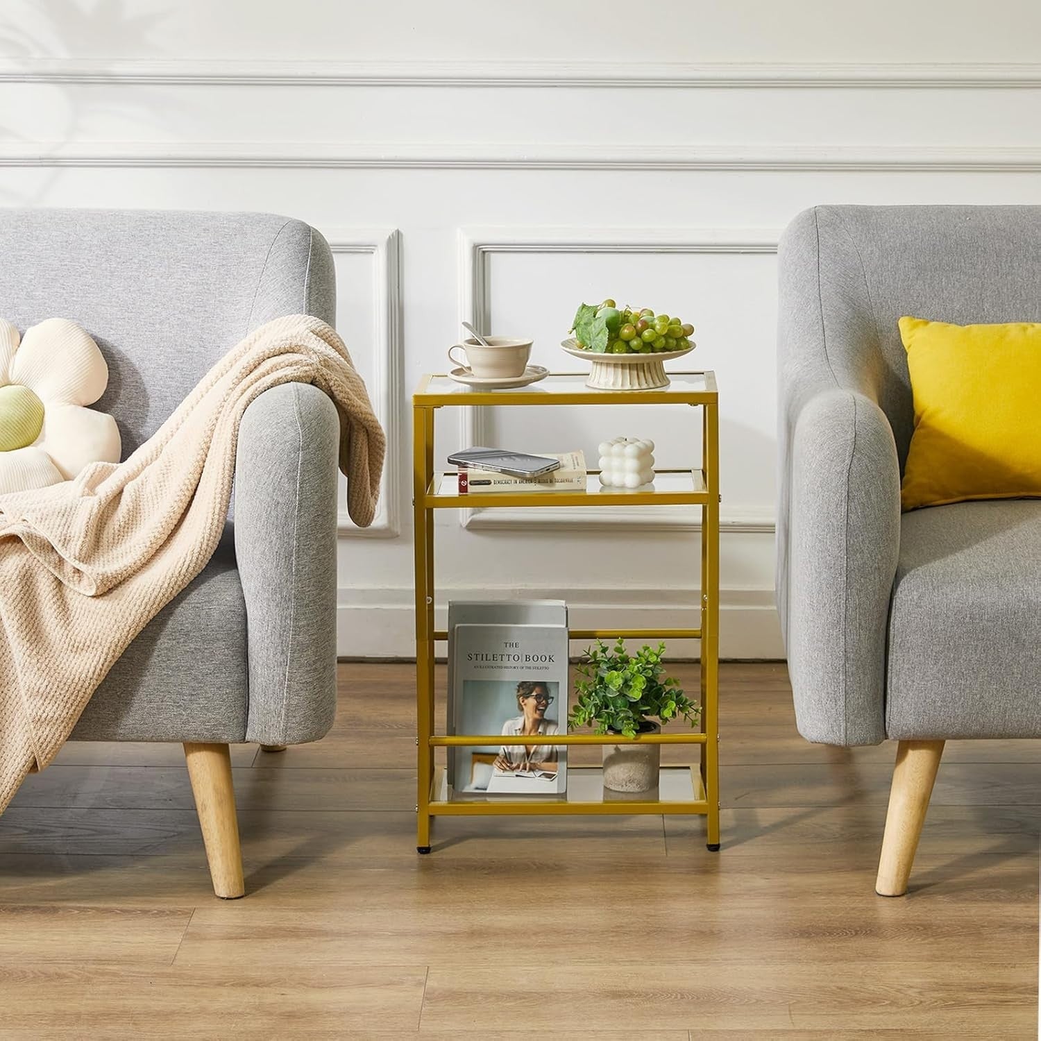 Slim Glass Side Table Gold 3 Tier Narrow End Table with Storage for Sofa Bed