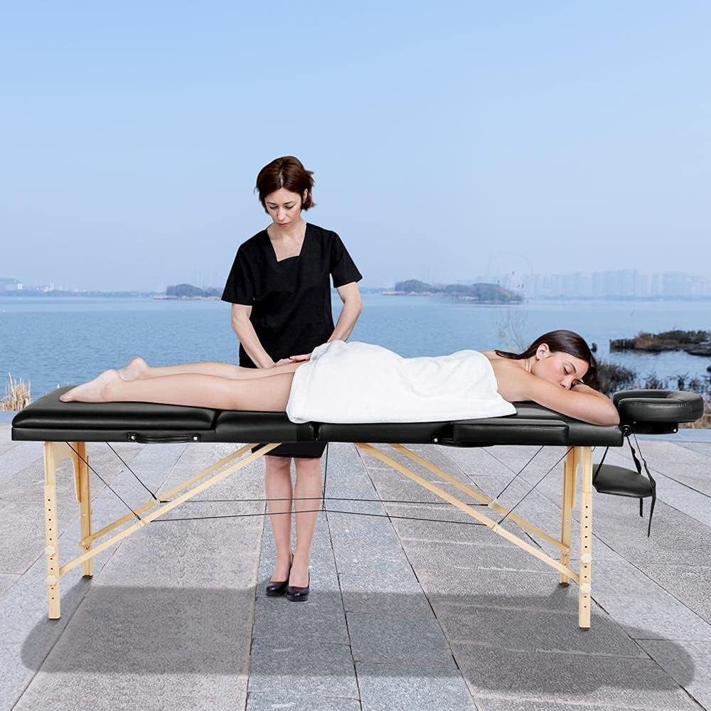 60cm 3-Section Portable Massage Table | Foldable Wooden Lash Beauty Bed Black
