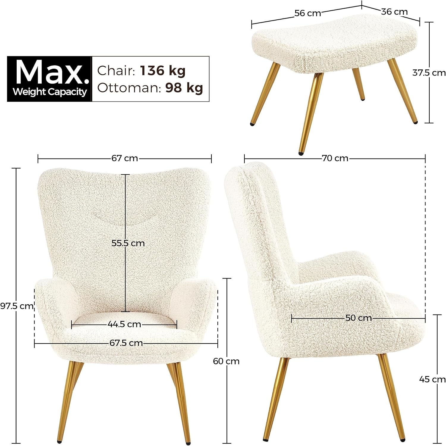 Sherpa Fuzzy Tub Chair with Ottoman, High Back Lounge Seat for Living Room