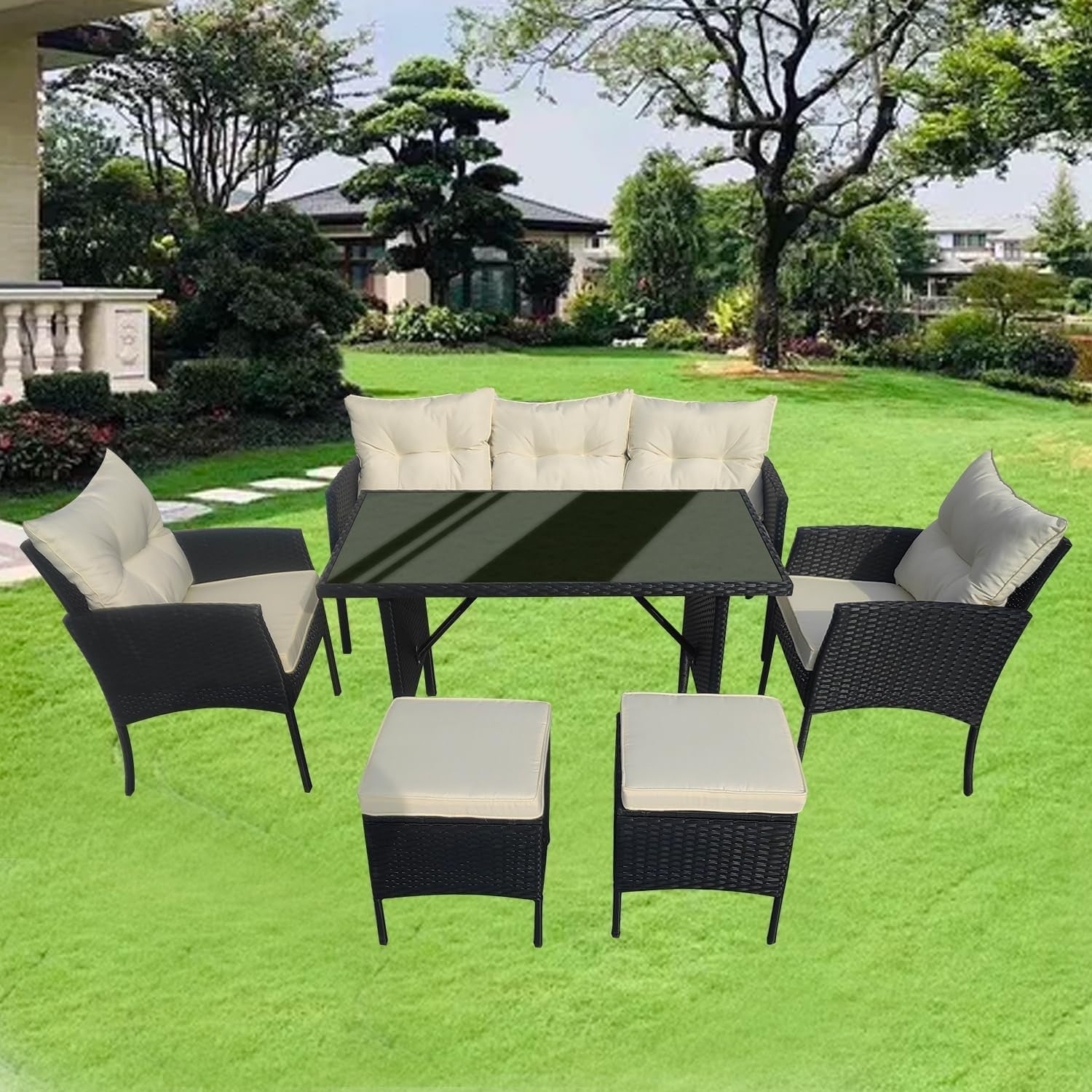 Black Rattan Garden Furniture Set 6 Seater Cushions Sofa Outdoor Patio