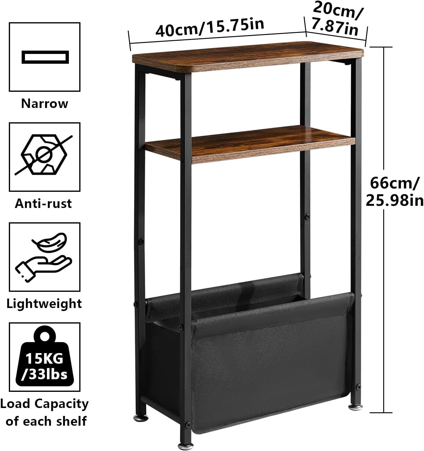 Slim 3-Tier Side Table with Storage Basket – Narrow Rustic Bedside/End Table for