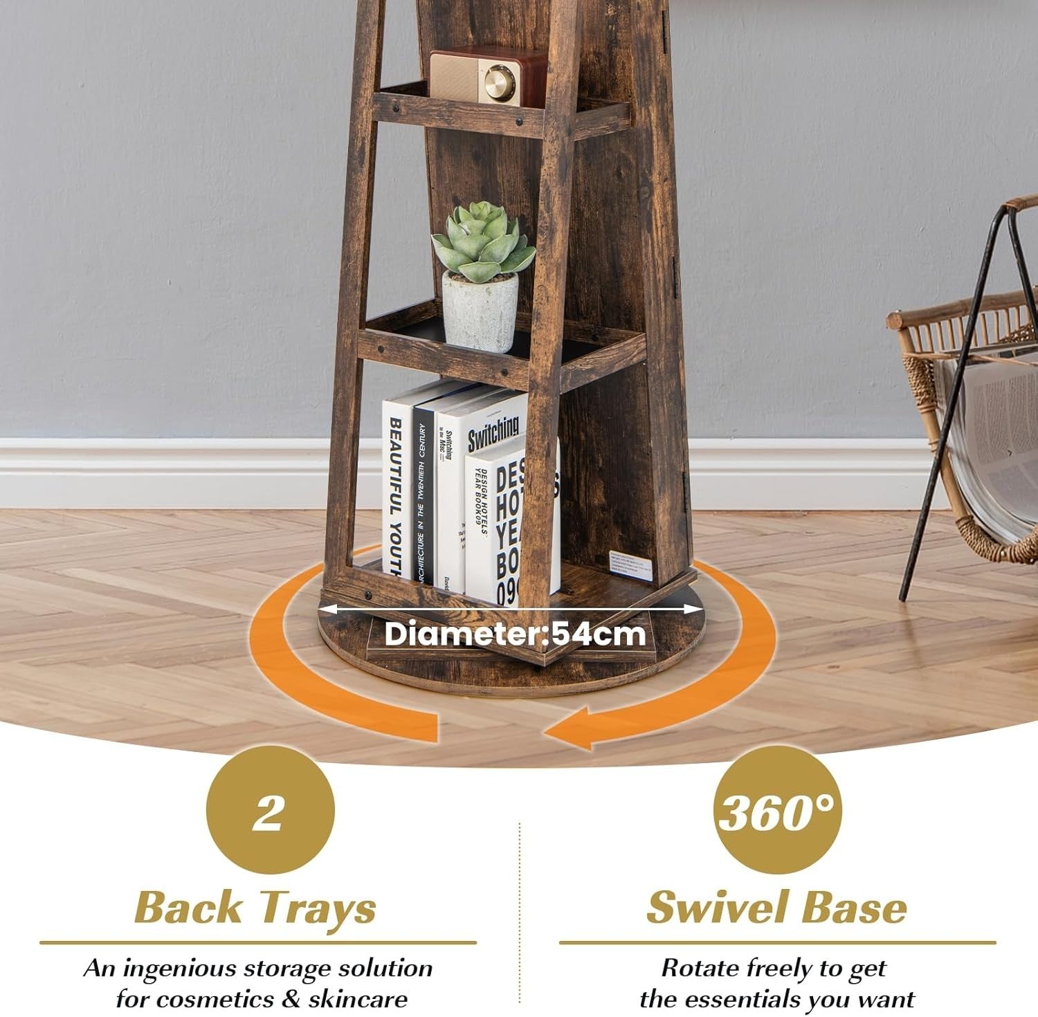 360° Swivel Jewelry Armoire Lockable Full Length Mirror LED Storage Rustic
