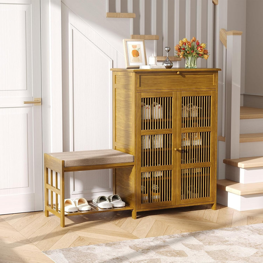 Shoe Storage Bench with Seat & Drawer 4-Tier Adjustable Shelves 65x35x99cm