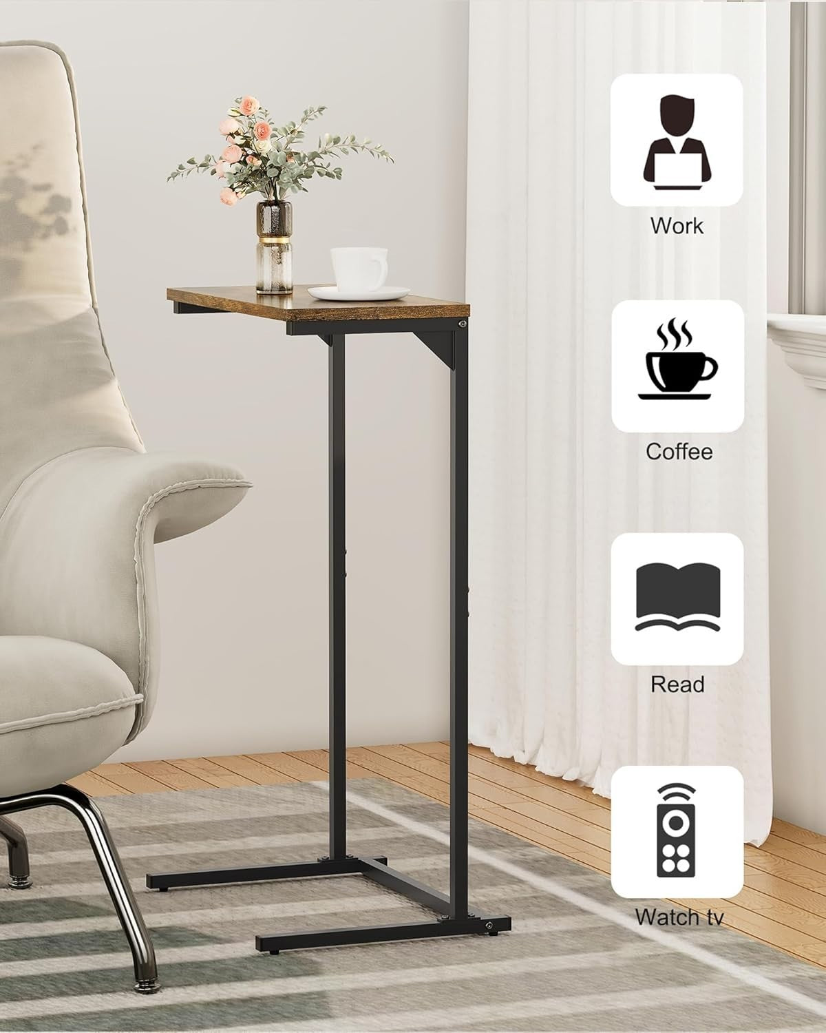 Space-Saving C-Shaped Side Table, Tall Slim Couch Table with Adjustable Feet