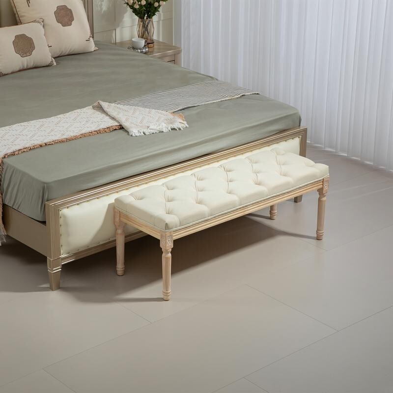 Tufted Cream End of Bed Bench Seat – Vintage Hallway Window Ottoman 115cm