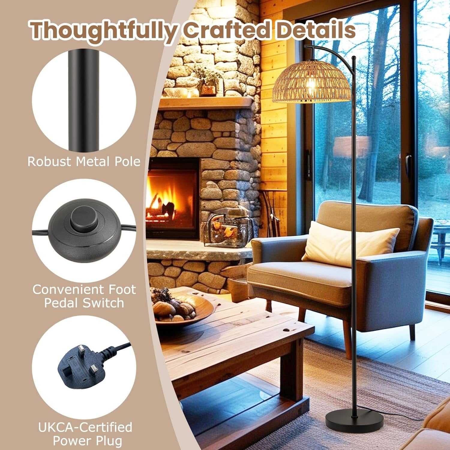 Arc Floor Lamp Natural Rattan Shade Black Stand Corner Reading Light 160cm