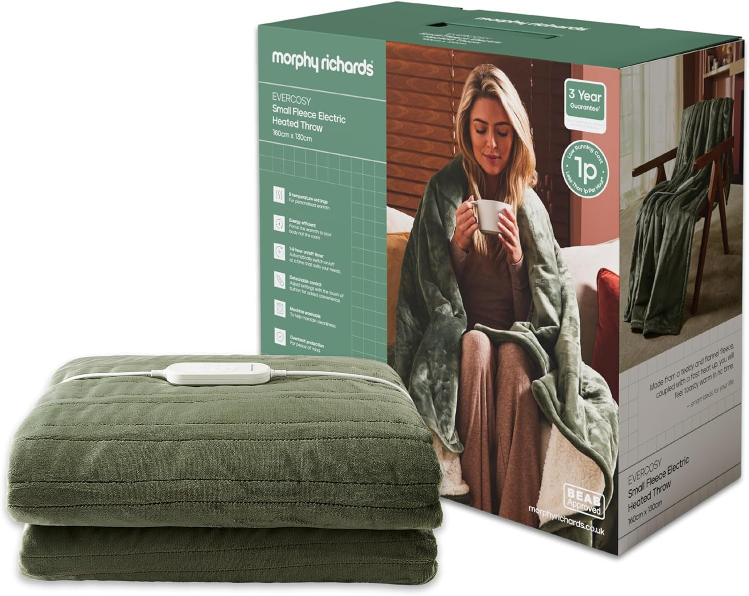 Electric Heated Throw Green Blanket 160x130cm Teddy Fleece 9 Heat Auto Shut Off