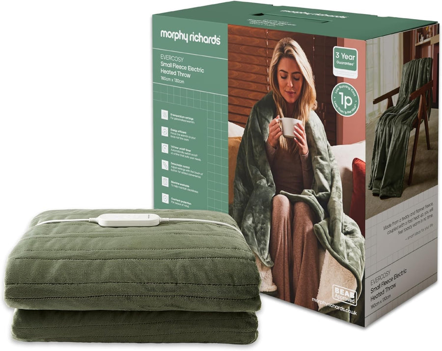 Electric Heated Throw Green Blanket 160x130cm Teddy Fleece 9 Heat Auto Shut Off