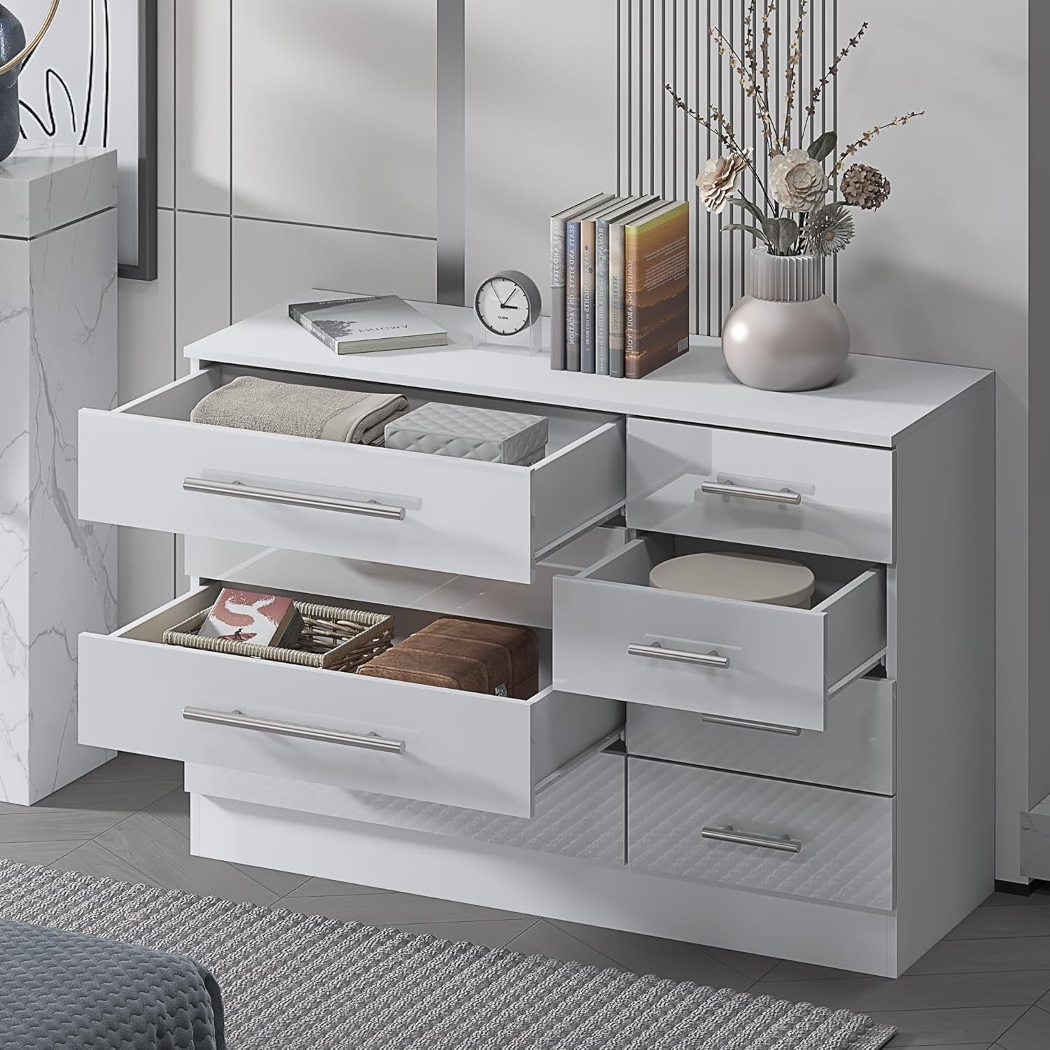 8 Drawer White High Gloss Chest of Drawers Modern Bedroom Storage Cabinet