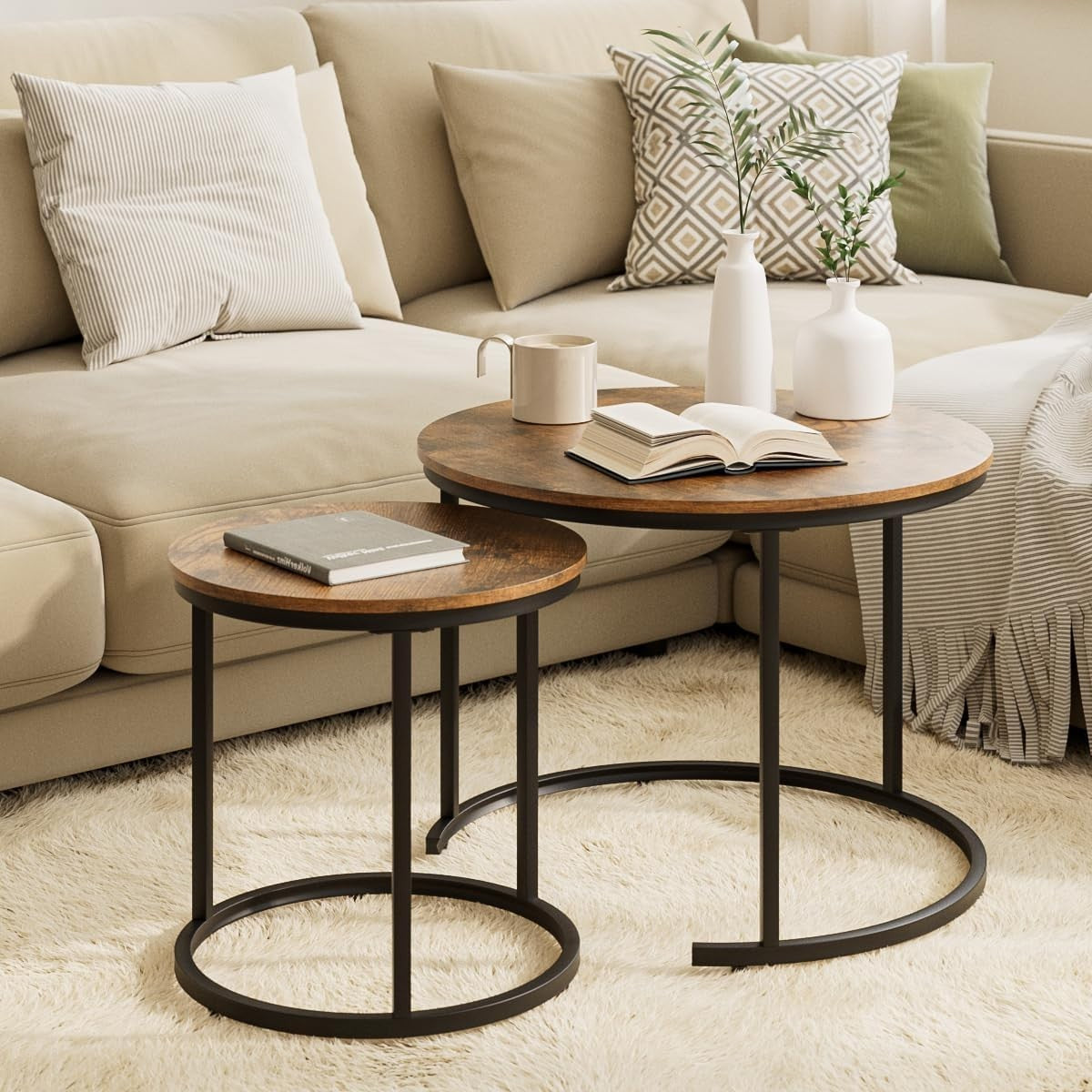 Nest of 2 Round Coffee Table Set Rustic Brown Industrial Easy Assembly