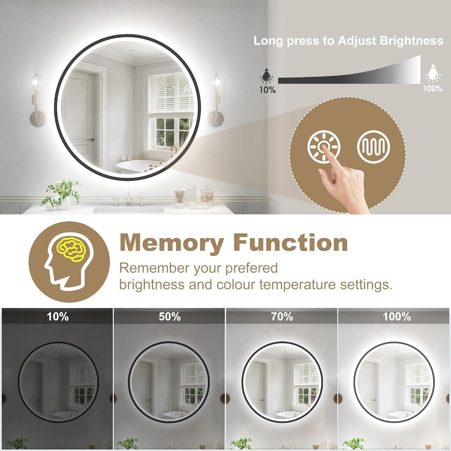 LED Bathroom Mirror 60x60cm Anti-Fog Memory Touch Dimmable