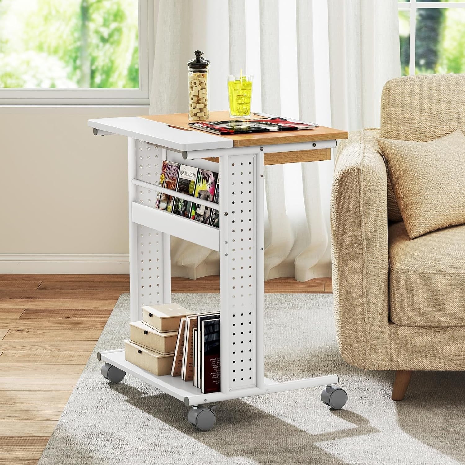 Rolling Laptop Desk with Wheels Tilt Top Storage Shelves Overbed Table