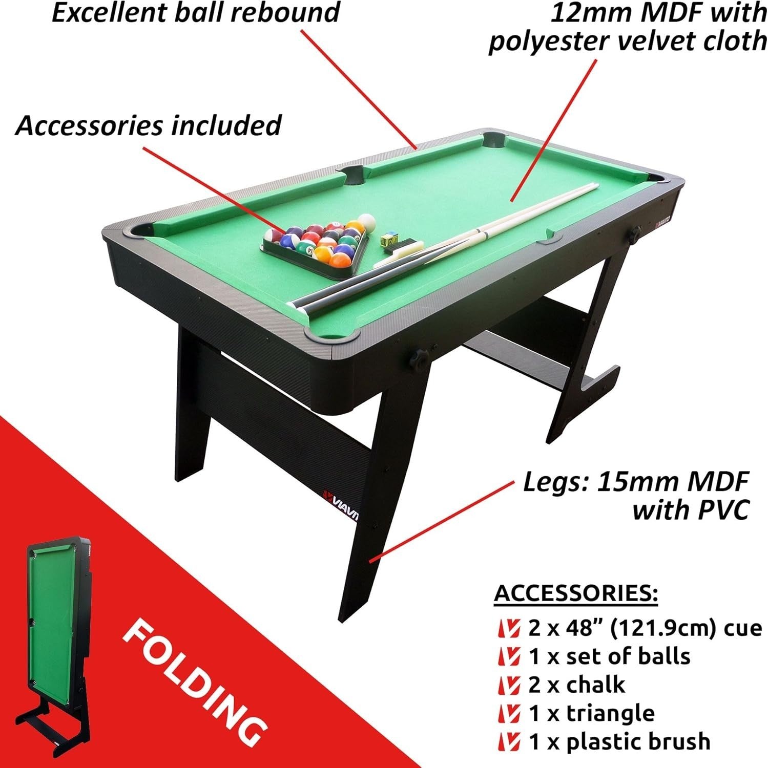 5FT Folding Pool Table Billiards Set Space Saving w Cues Balls