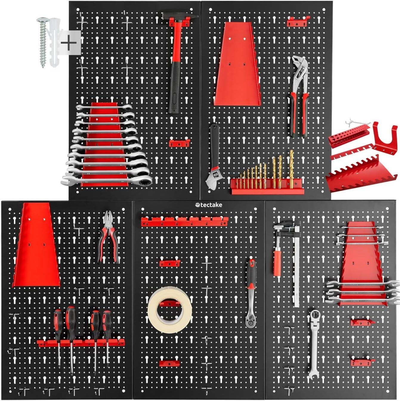Wall-Mount Pegboard Kit 5PCS Alloy Steel Red w/ Hooks & Holders 120x60cm