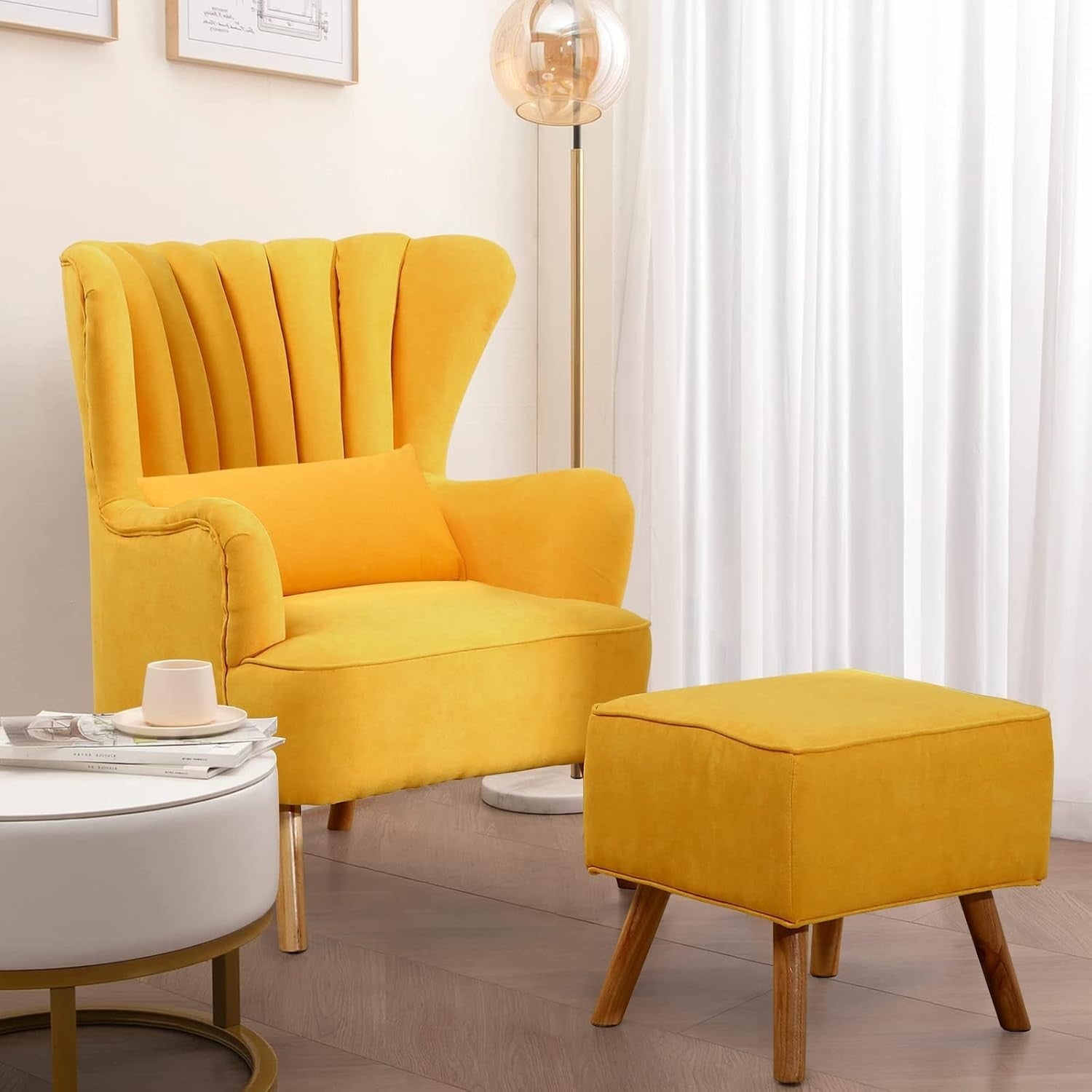 Yellow Linen Wingback Tub Chair with Footstool, Wooden Legs, Lounge Sofa