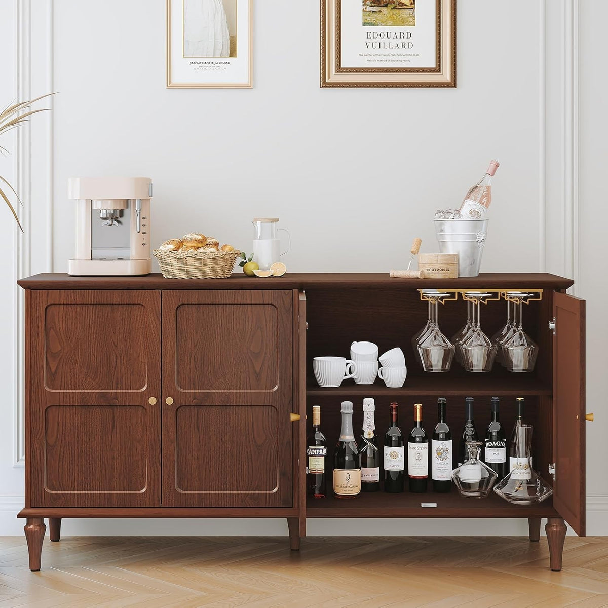 Mid-Century Sideboard Drinks Cabinet with Wine Glass Rack Storage Brown Wood