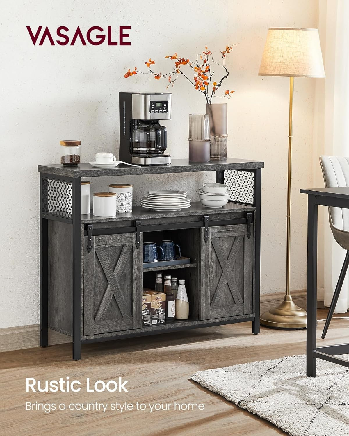 Charcoal Grey Industrial Sideboard Sliding Door Storage Cabinet
