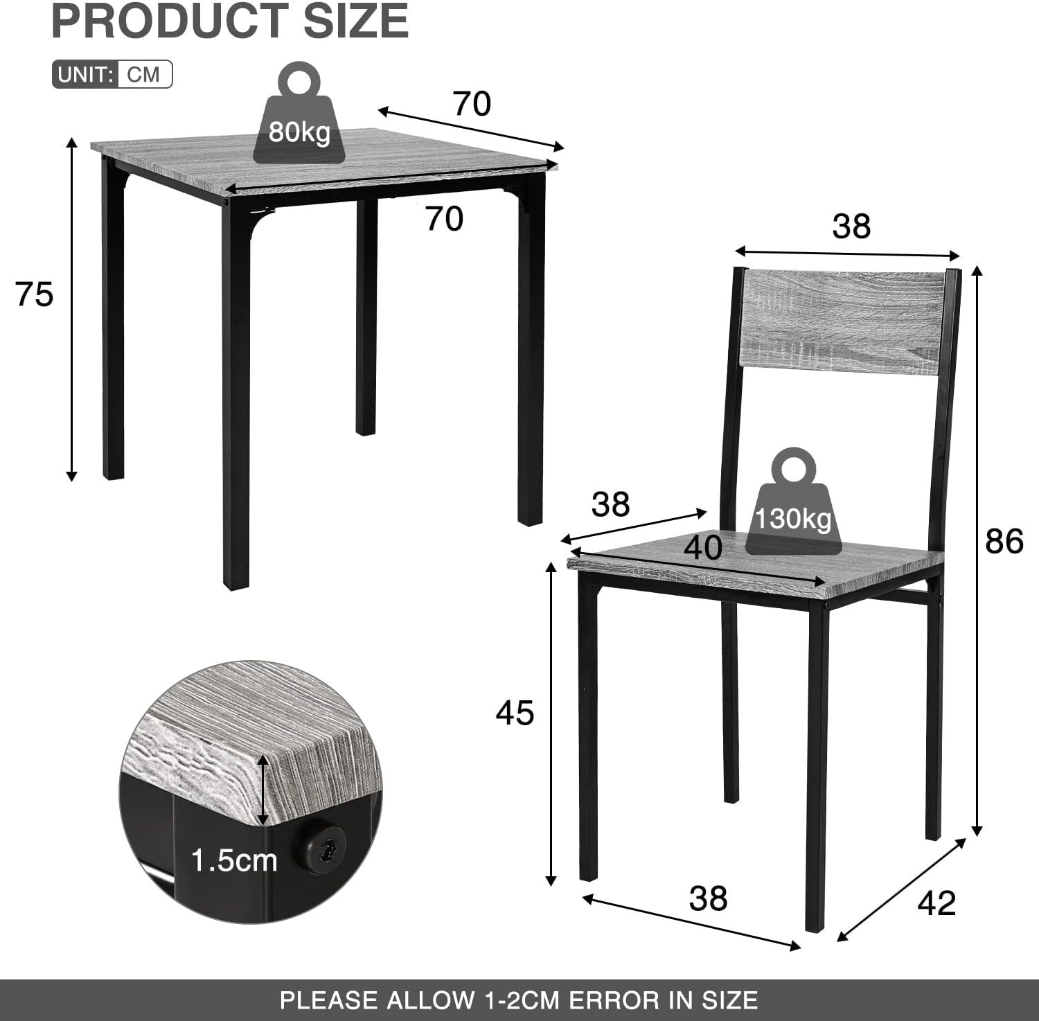 3 Piece Small Dining Table Set w/ 2 Chairs | Grey Wood Effect, Space Saver