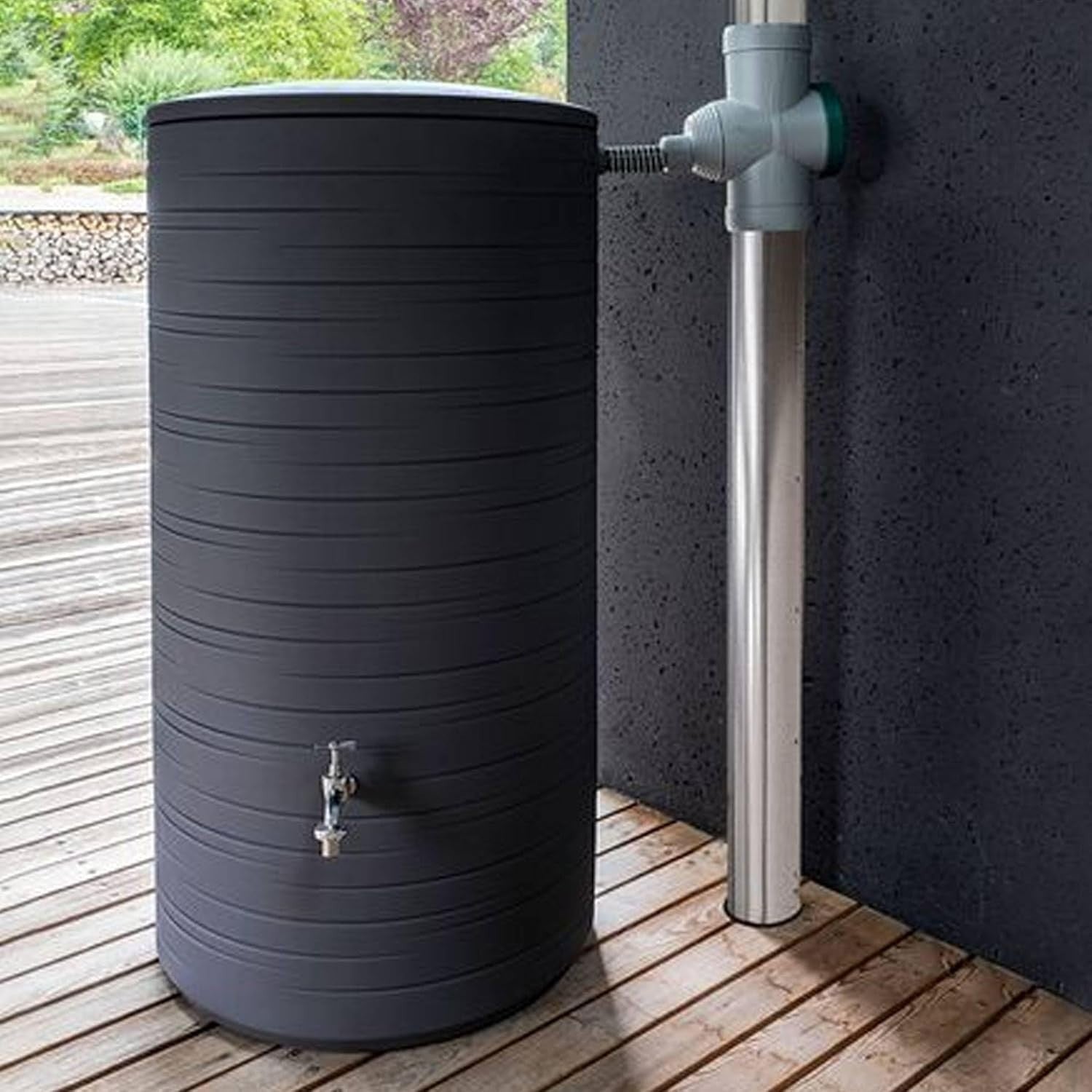 285L Rain Barrel with Child-Safe Lid & Brass Tap, Anthracite, Durable