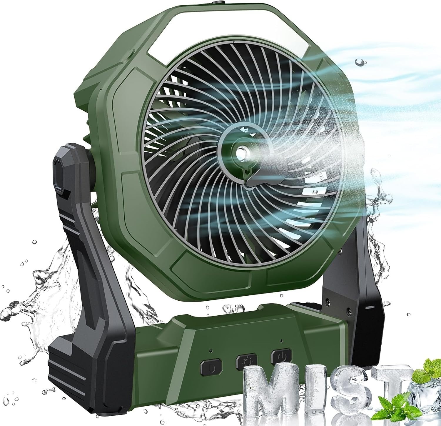 Green 8" Portable Misting Fan – 10000mAh Rechargeable Cooling Fan w/ LED Light