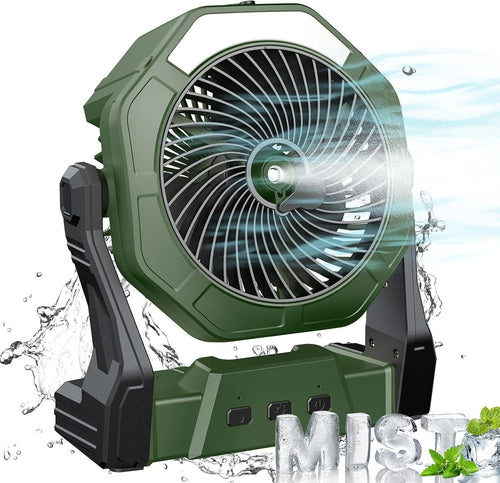 Green 8" Portable Misting Fan – 10000mAh Rechargeable Cooling Fan w/ LED Light