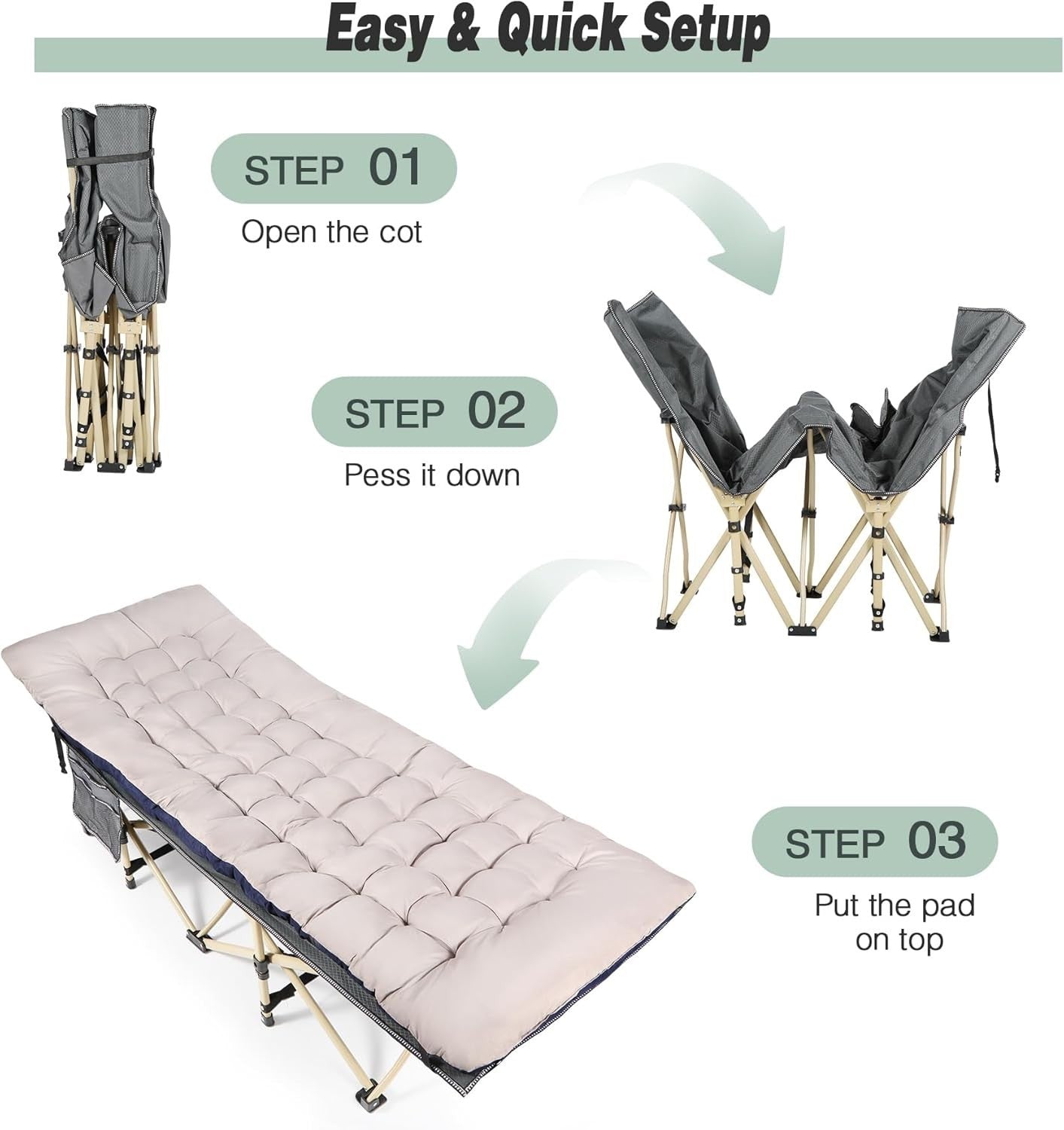 Folding Camping Bed with Thick Mattress | 500lbs Heavy Duty Outdoor Cot