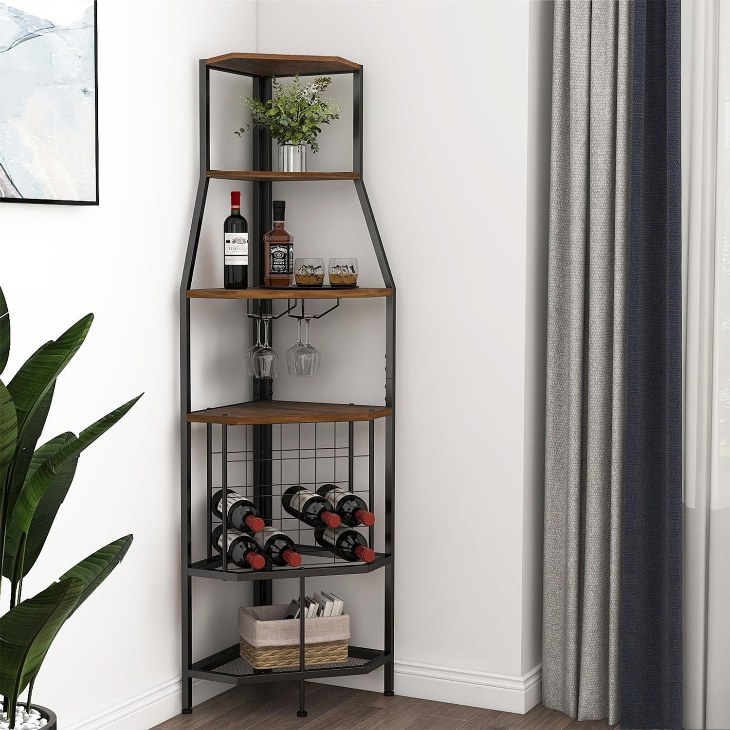 Corner Wine Rack Bar Cabinet with Glass Holder & 5-Tier Display Shelves – Brown